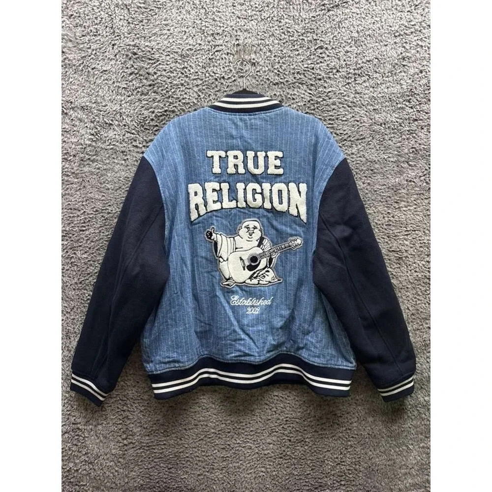 True Religion Jacket Varsity Pinstripe Full Snap Bomber Dress Blue Mens Size XXL